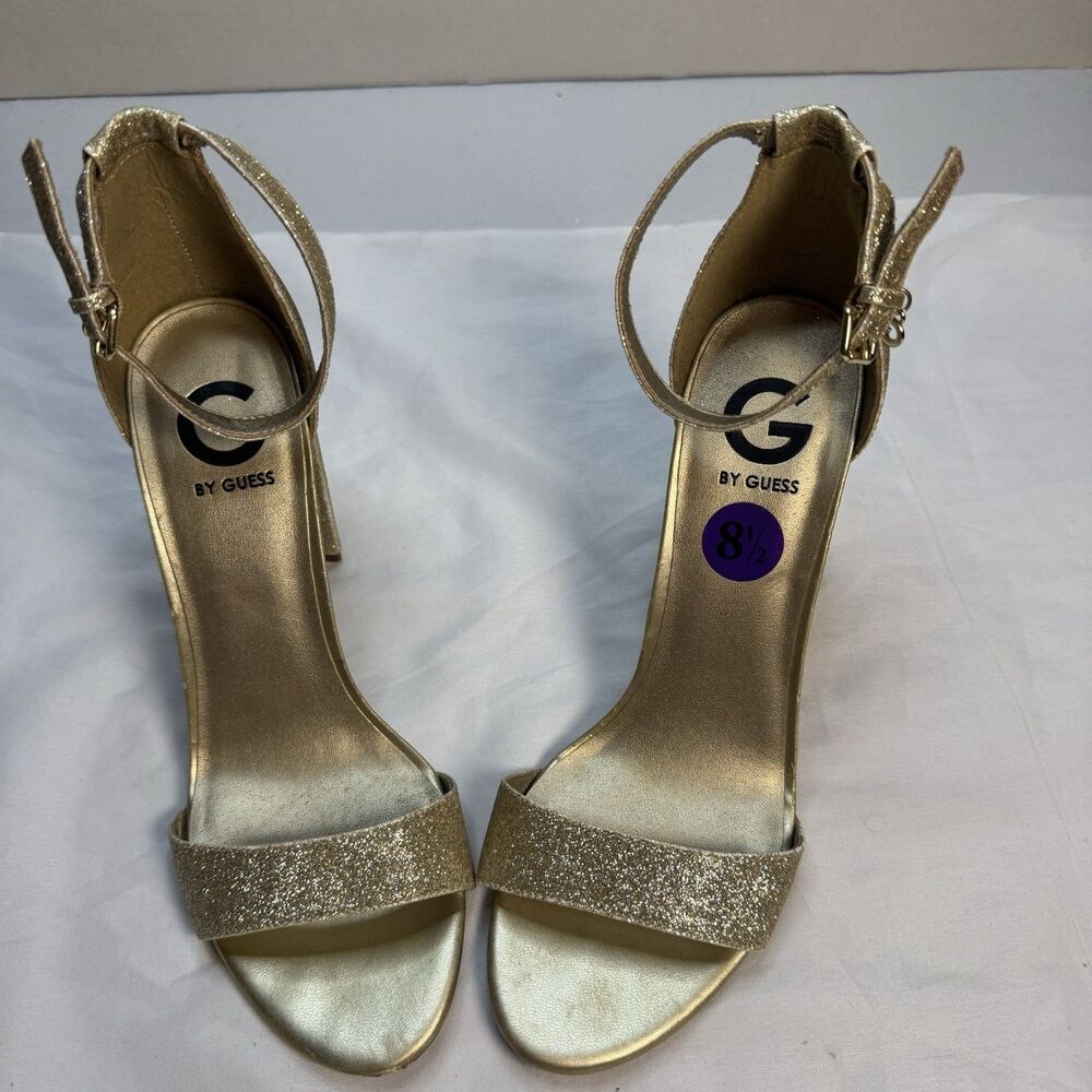G by Guess Women’s Gold Glitter Ankle Strap Heels Size 8.5 Open Toe Dress Shoes